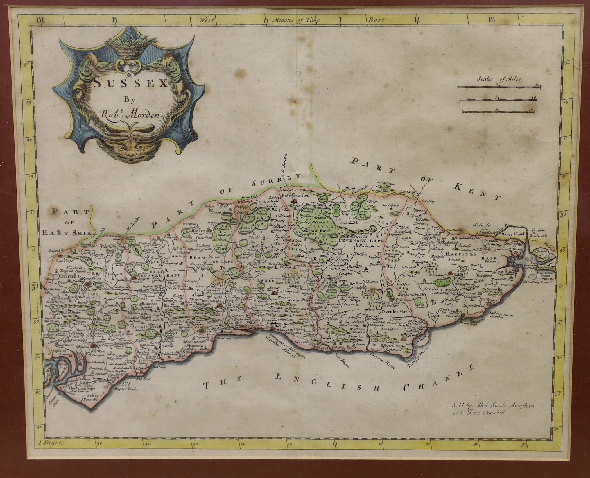 Robert Morden, two coloured engravings, Maps of Sussex and Chester, 35 x 42cm